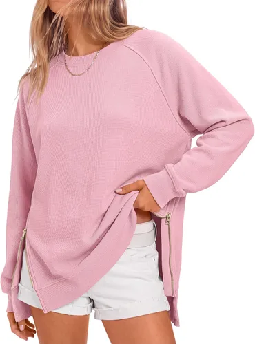 Vista 15 de ANRABESS - Sudadera de gran tamaño para mujer, cuello redondo, manga larga, tipo túnica, con cremallera lateral, sudadera con capucha, suéter