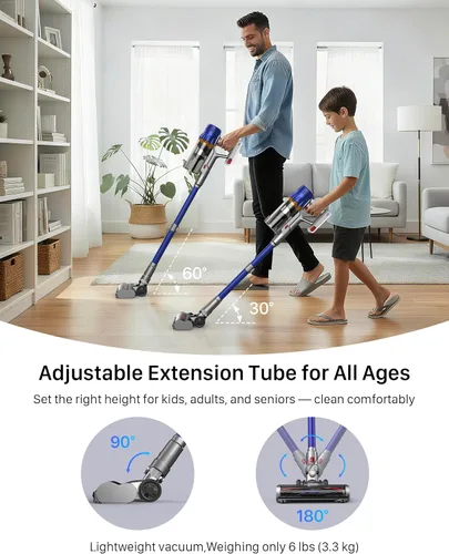 Vista 7 de Aspiradora inalámbrica para el hogar, potente aspiradora con filtro HEPA, tiempo de funcionamiento de 55 minutos, luz LED, cepillo antienredos