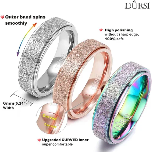Vista 2 de Anillo giratorio para mujer y hombre, anillo fidget de moda de acero inoxidable para la ansiedad, acabado con chorro arena, 6 mm 8mm