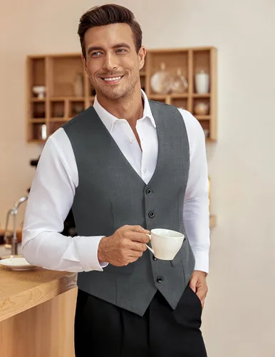 Vista 3 de COOFANDY Chaleco de traje de negocios para hombre, chaleco de vestir ajustado, chaleco de boda