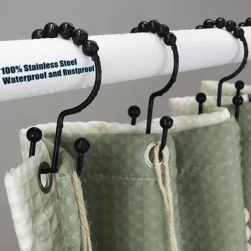 Vista 3 de Ganchos bohemios para cortina de ducha, anillos para decoración de baño, 12 piezas náuticas decorativas de acero inoxidable negro, resistentes a