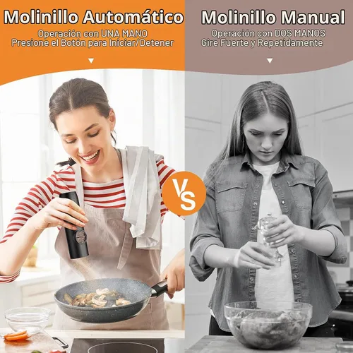 Vista 3 de Juego de molinillo eléctrico de sal y pimienta, molinillo de pimienta recargable automático con luz LED, grosor ajustable, saleros, operación