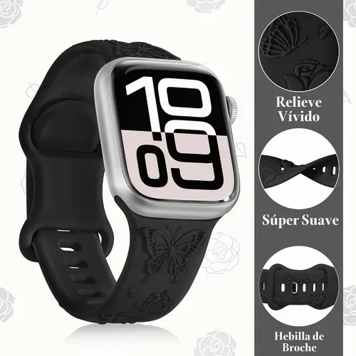 Vista 2 de Melyis Correa deportiva de silicona suave grabada con diseño floral y mariposa compatible con Apple Watch de 1.575 pulgadas, 1.614 pulgadas, 1.496