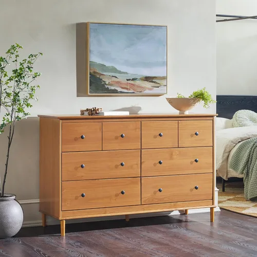 Vista 2 de Walker Edison Cómoda moderna de madera maciza con 6 cajones para almacenamiento de dormitorio, 57 pulgadas, color caramelo Caramelo-t
