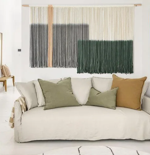 Vista 17 de macramé para colgar en la pared, teñido de inmersión, puesta de sol, decoración de pared, arte de fibra de 57 pulgadas de ancho x 35 Negro y marrón