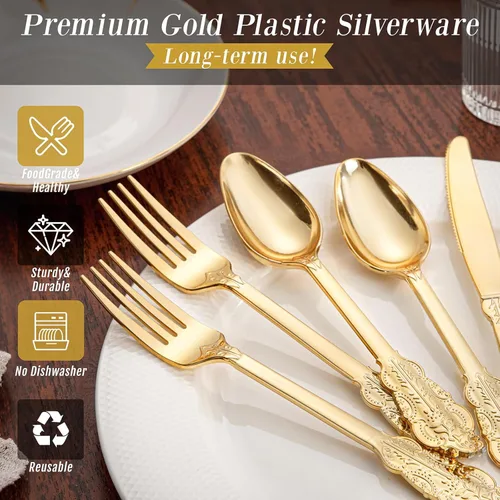 Vista 8 de WDF 300 cubiertos de plástico dorado desechables, cubiertos de plástico resistente, juegos de cubiertos dorados que incluyen 100 tenedores, 100