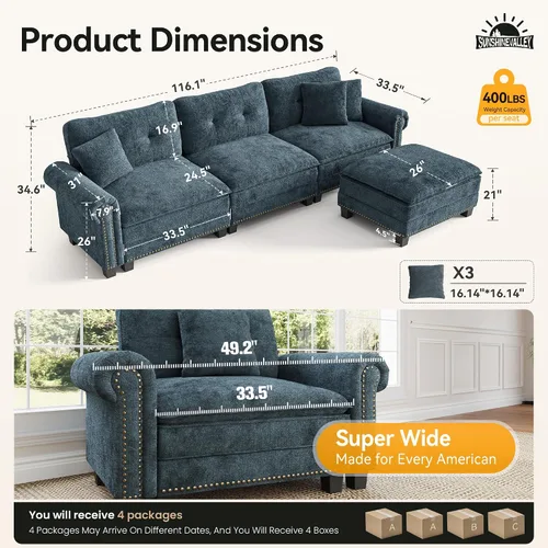 Vista 2 de Sofá modular de gran tamaño de 116 pulgadas en forma de L Azul polvoriento