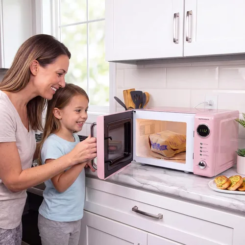 Vista 6 de Nostalgia Horno microondas para encimera con interior fácil de limpiar, microondas retro con pantalla LED y bloqueo para niños, horno compacto