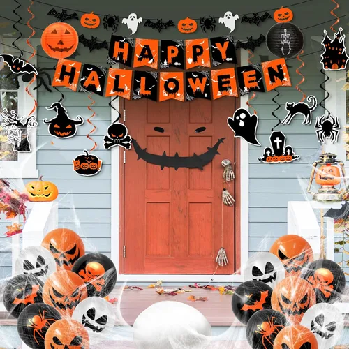 Vista 3 de Decoraciones de Halloween, decoraciones de fiesta de Halloween naranja y negro, remolinos colgantes, pancarta de araña de fantasma y murciélago