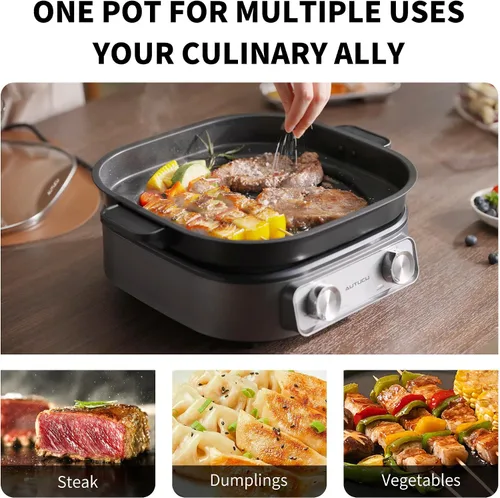 Vista 11 de Sartén eléctrica de 6 cuartos con parrilla Olla antiadherente con revestimiento cerámico libre de PFOA, 1600W, temporizador y 3 configuraciones