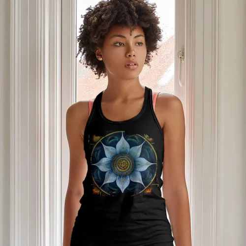 Vista 2 de Mandala Motif Racerback Tank - Artwork Tank - Blue Flower Workout Tank
