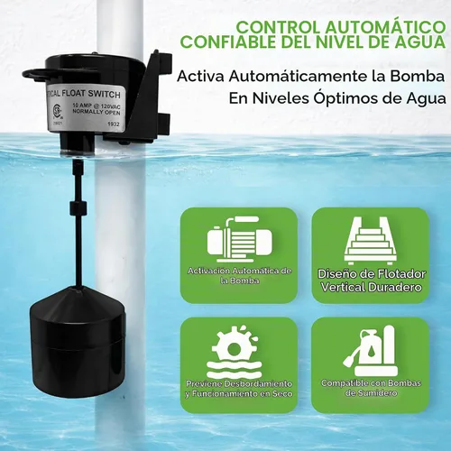 Vista 4 de Interruptor de flotador vertical para bombas de sumidero – Reemplazo de interruptor de bomba universal con cable de 10 pies, control de nivel de agua