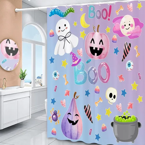Vista 2 de JOOCAR Bonito juego de cortina de ducha de fantasmas de Halloween, cortina de ducha espeluznante de calabaza con caramelo, cortina de baño