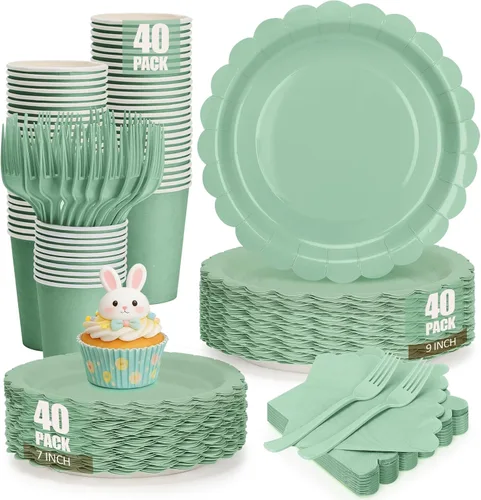Vista 8 de 200 platos y servilletas de papel marfil, de 9 y 7 pulgadas, platos de fiesta desechables de color crema festoneado, tazas, servilletas, tenedores