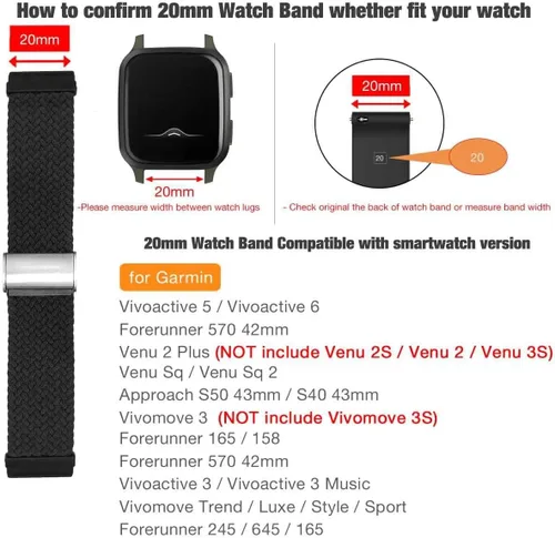 Vista 2 de Abanen Correa de reloj elástica trenzada para Garmin Vivoactive 6/5/Venu Sq/Venu 2 Plus, 0.787 pulgadas, correa de nailon elástico suave con cierre