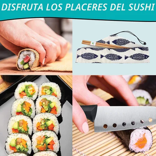 Vista 6 de Kit de fabricación de sushi SmileTools, juego de 22 piezas para principiantes con libro guía, bazuca, cuchillo, estera, cortador de aguacate