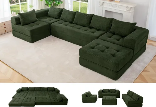 Vista 17 de MAXYOYO Sofá modular seccional, sofá plegable en forma de U con almohadas, sofá tumbona copetudo de 6 asientos sin huesos para sala de estar,