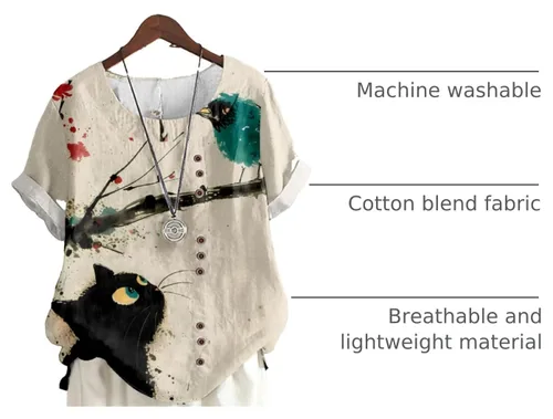 Vista 4 de domirica Flower Bird Printed Loose Boho Shirts Women Plus Size Summer Crew Neck Short Sleeve Blouses Gato pájaro