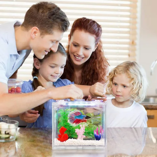 Vista 2 de Oltraman Pequeño Tanque de Peces Betta, Kit de Tanque de Acuario con Iluminación LED, Conjunto de Tanque de Peces de Combate Apilable de 0.6