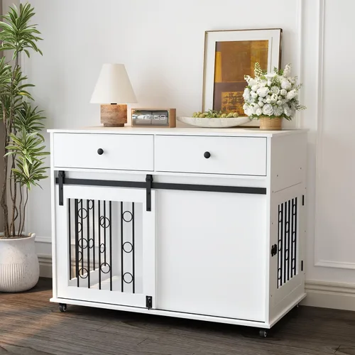 Vista 8 de Mueble moderno de madera para perros con cajones dobles y puerta corrediza de granero, mesa auxiliar decorativa para perrera con ruedas