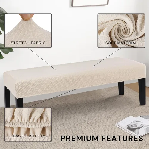 Vista 2 de SearchI Funda elástica para banco de comedor, lavable y duradera, fundas de asiento rectangulares para comedor, sala de estar, cocina (rejilla beige)