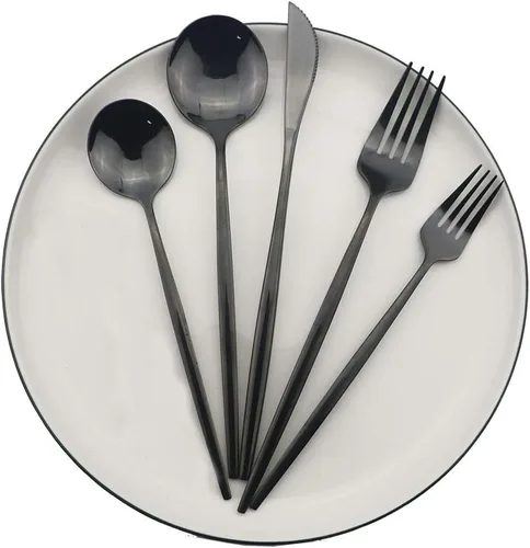 Vista 2 de JASHII - Juego de cubiertos negros brillantes de 30 piezas de acero inoxidable con acabado satinado, juego de utensilios de cocina, pulido espejo