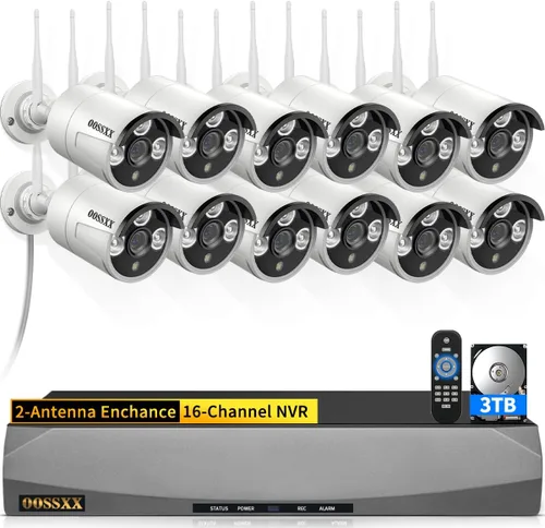 Vista 12 de OOSSXX (Monitor IPS HD) Antenas duales Wi-Fi mejorado AI Detectado por humanos Sistema de cámara de seguridad inalámbrica para exteriores