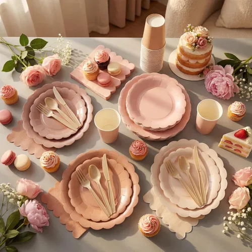 Vista 5 de Yaomiao Juego de vajilla desechable de 175 piezas de platos de papel marrón con cuchillo de plástico, cuchara, tenedor, cuchara, decoración de boda