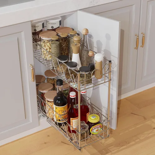 Vista 6 de Organizador estrecho de gabinete extraíble – 7 pulgadas de ancho x 21 pulgadas de profundidad, 2 niveles para cajones de cocina, estantes