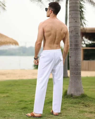 Vista 8 de EndoraDore Pantalones de lino de algodón para hombre, pantalones deportivos ajustados, pantalones elásticos para entrenamiento atlético, pantalones