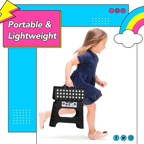 Vista 6 de Delxo Taburete plegable de 11 pulgadas, paquete de 2, taburetes plegables antideslizantes negros para niños y adultos de hasta 300 libras, taburete