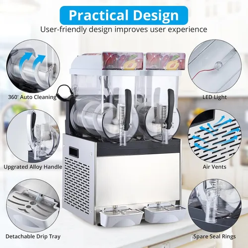 Vista 3 de 15L Dual-Tank Slushy Machine 700W Comercial Acero inoxidable Doble tanque Congelación rápida de 700 W Limpieza automática Para Blanco
