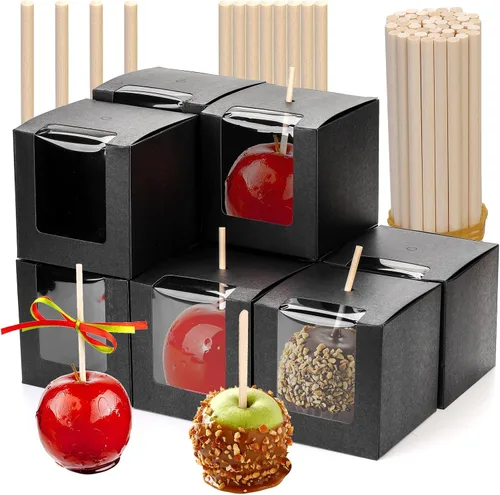 Vista 8 de ZEAYEA Paquete de 50 cajas de manzana de caramelo con agujero y palos, caja de regalo de manzanas de caramelo de 4 x 4 x 4 pulgadas con ventana