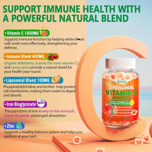 Vista 3 de Gomitas liposomales de vitamina C de 1000 mg para adultos – Vitamina C masticable 1500 mg con 8 mg de hierro, zinc y saúco – Apoyo inmunológico