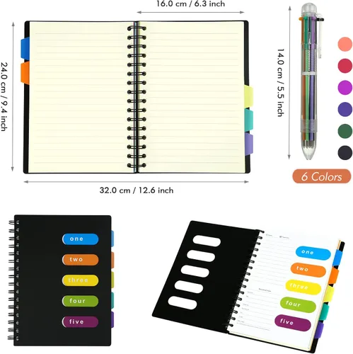 Vista 2 de Kesoto Cuaderno de espiral con pestañas divisorias, cuadernos profesionales para el trabajo y la escuela, rayado ancho 5 materias 6.3" × 9.4