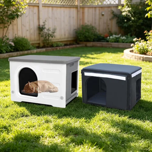 Vista 11 de Casa de plástico para gatos al aire libre e interior, casas impermeables para gatos con puerta de escape, casa resistente para gatos al aire libre