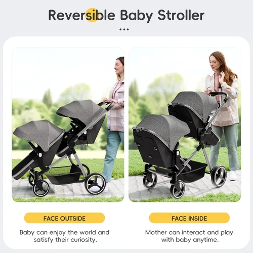 Vista 2 de MU Cochecito doble, cochecito plegable en tándem doble con respaldo ajustable, asiento reversible, arnés de 5 puntos, canasta de almacenamiento Gris