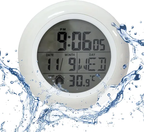 Vista 8 de Reloj de pared impermeable para baño, reloj de pared negro para interiores con ventosa, movimiento de cuarzo, marco de plástico, opción flexible