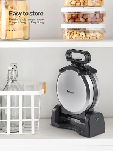 Vista 6 de Máquina para hacer gofres, plancha redonda clásica belga para gofres con diseño giratorio de 180°, placas antiadherentes y mango de tacto frío