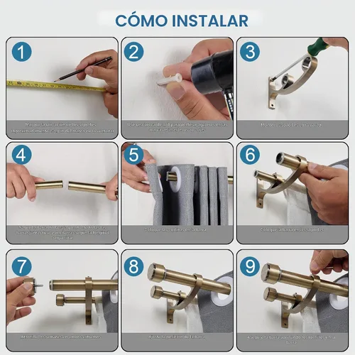 Vista 6 de Barras de cortina dobles con soportes de aluminio y remates, barras de cortina de bronce antiguo para ventanas de 36 a 72 pulgadas, 1 pulgada