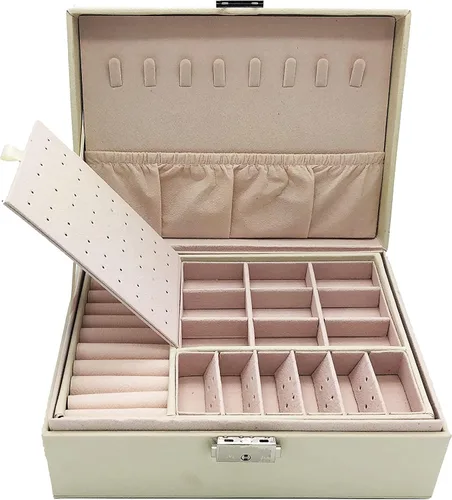 Vista 2 de PACEKONER Joyero organizador, caja de almacenamiento de joyería de 2 capas con cerradura y llave, estuche de joyería para mujeres y niñas (blanco)