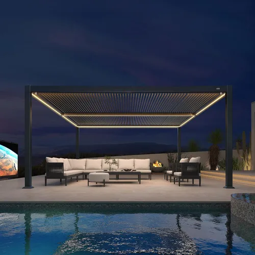 Vista 12 de PURPLE LEAF Pérgola con listones 92KS de 8 x 10 pies con tira LED regulable solar integrada, techo ajustable de aluminio a prueba de lluvia