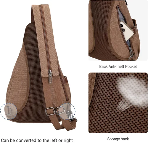 Vista 5 de WITZMAN Bolso bandolera de lona para hombres y mujeres, mochila convertible cruzada, estilo vintage, bolsa de pecho de viaje casual (A8003 marrón)