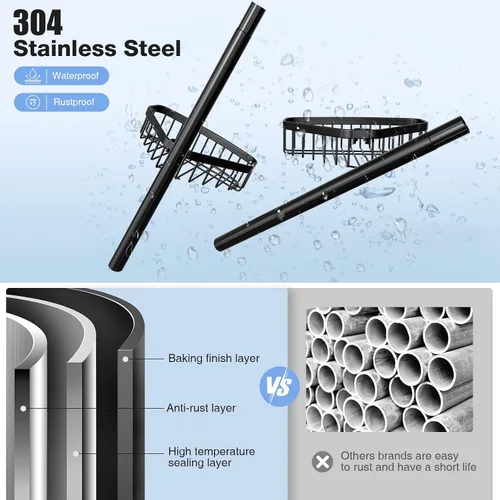 Vista 5 de Organizador de Ducha de Esquina con Barra de Tensión: Organizador Ajustable a Prueba de Óxido de 4 Niveles para el Interior del Baño - 120-307 cm