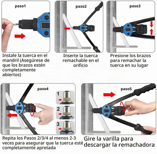 Vista 7 de Juego de herramientas de tuerca de remache, kit de herramientas de tuerca remachadora de 13 pulgadas con 11 mandriles métricos y SAE, kit surtido