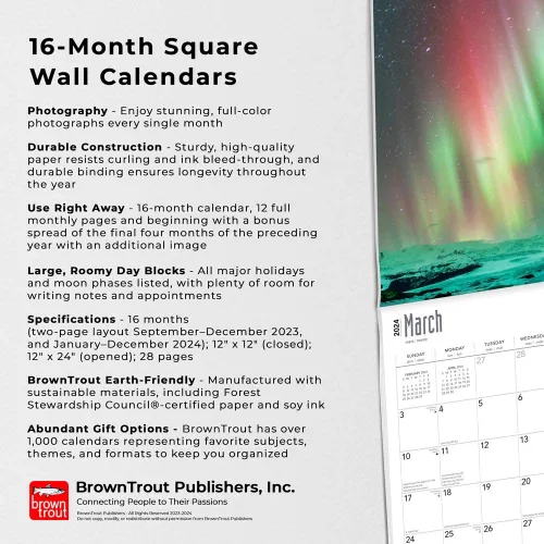 Vista 5 de Aurora Borealis Les aurores boréales 2024 12 x 24 Inch Monthly Square Wall Calendar Foil Stamped Cover EnglishFrench Bilingual BrownTrout USA