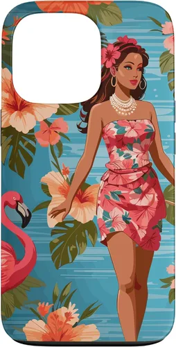 Vista 10 de iPhone 12 Pro Max Vintage Tiki Design - Funda hawaiana retro de flores hula y flamencos