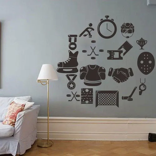 Vista 6 de Calcomanía de pared de hockey sobre hielo, adhesivo de PVC extraíble con jugador de hockey y cronómetro, arte de pared de vinilo para amantes