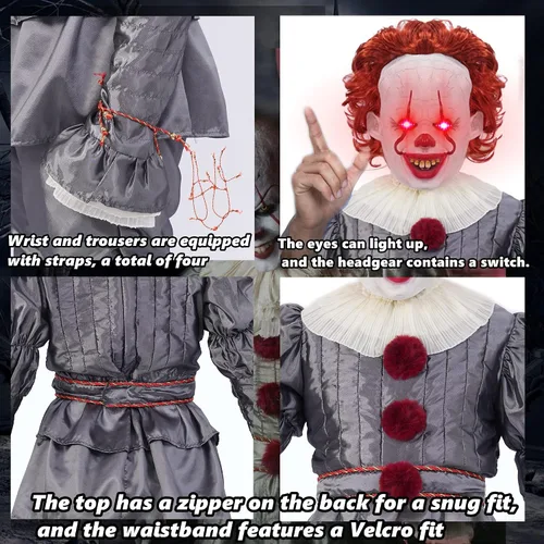 Vista 3 de Disfraz de payaso de Halloween para adultos o niños, disfraz de payaso espeluznante que incluye máscara aterradora, globos, disfraz completo