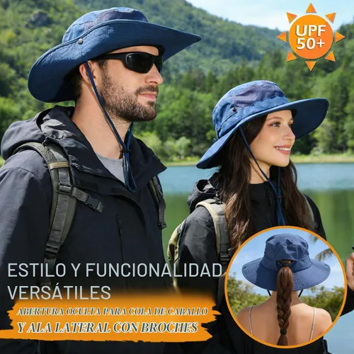 Vista 2 de Cooling Sun Bucket Hat, UPF 50+ Wide Brim Boonie Hat with Ponytail Hole 01 Azul marino